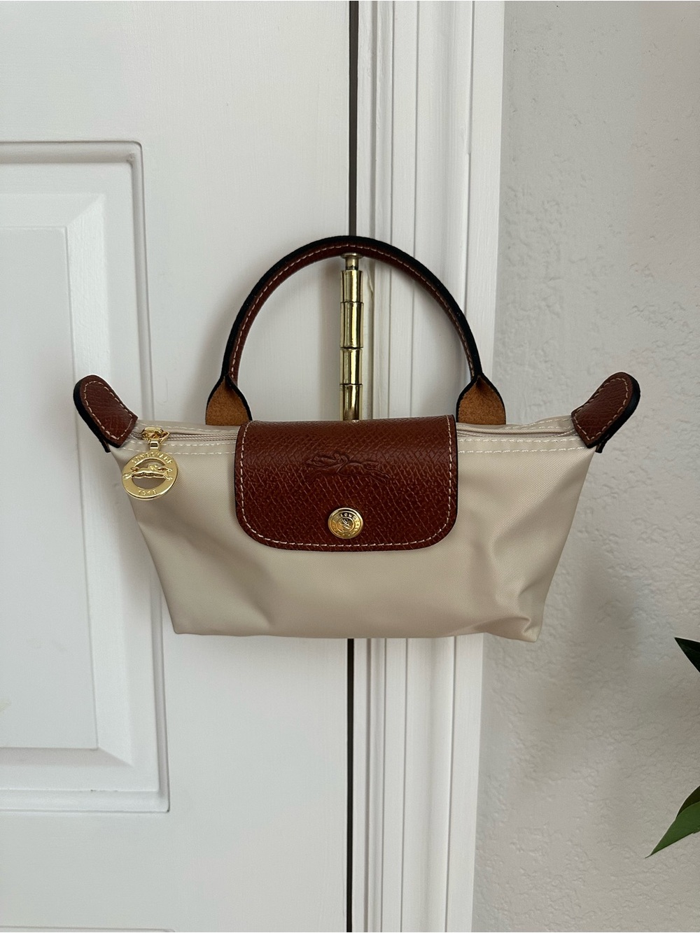 Mini Top-Handle Bag in Beige with Brown Trim